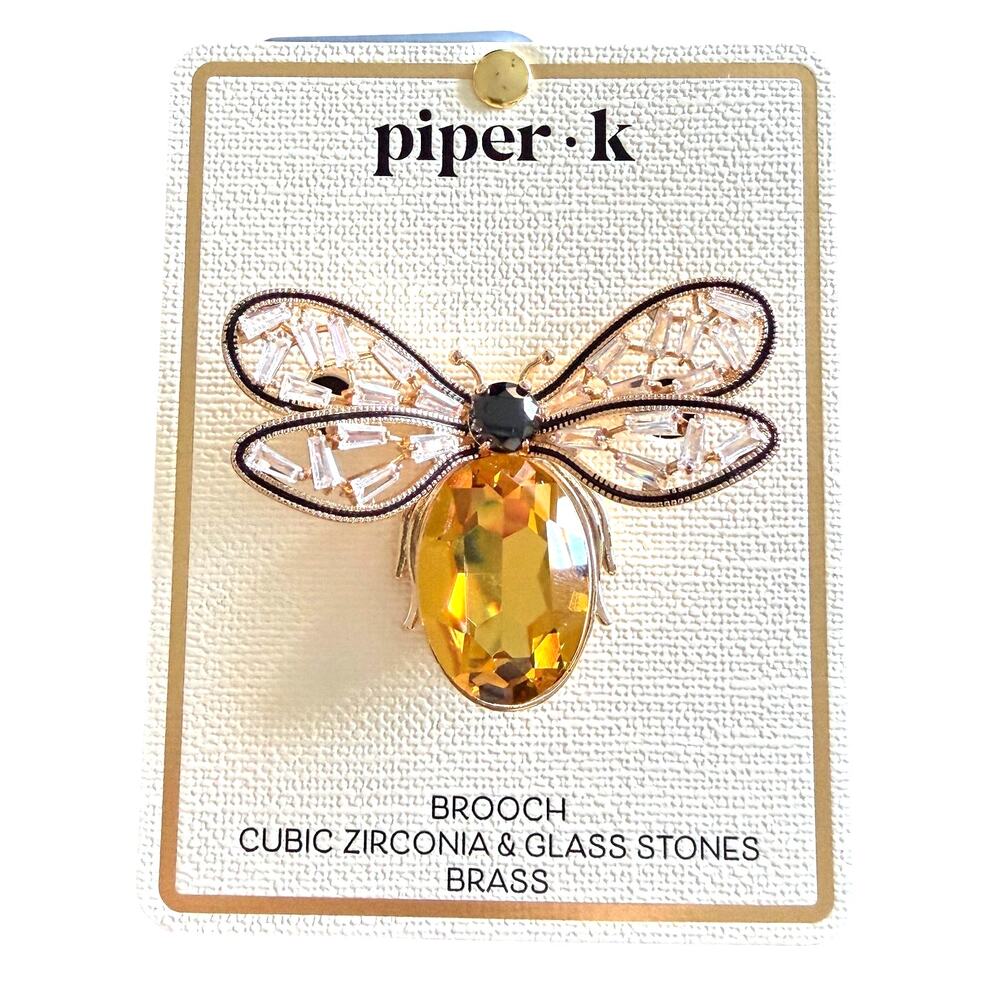 Piper K Gold Amber Glass & Cubic zirconia Honeybee Statement Brooch (NWT)
